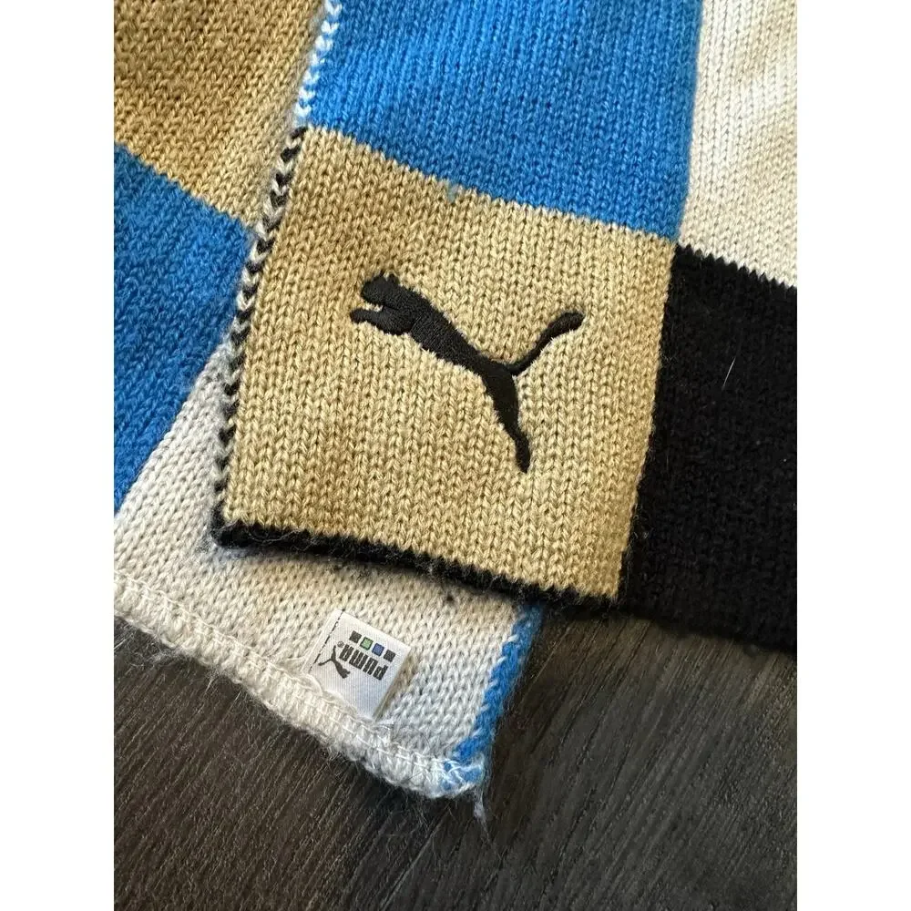 Puma scarf Blue Black Tan Block Pattern Winter Knit OSFM